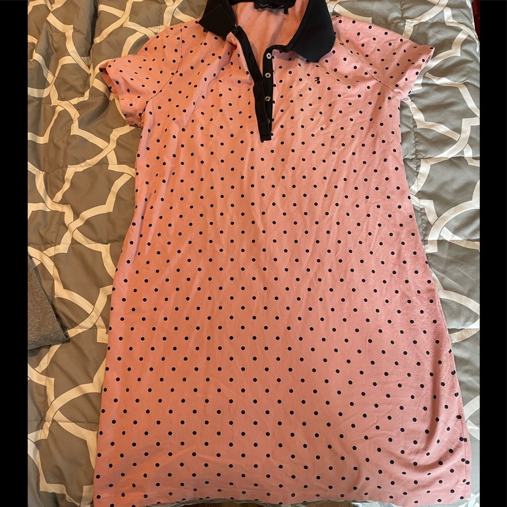Pink with navy blue polka dots polo style summer dress